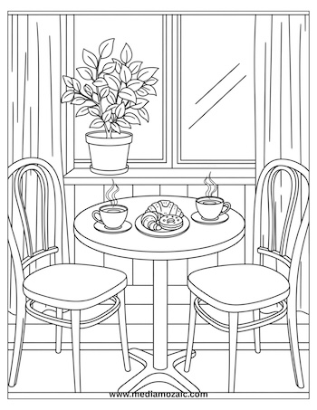 Free Printable Cozy Coloring Pages for Kids and Adults 10 cozy restuarant scene,chair and table with crossiants and cups of tea,cozy fall coloring pages