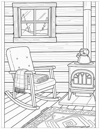 Free Printable Cozy Coloring Pages for Kids and Adults 9 cozy cafΓ© sceneΒ featuringΒ two chairs around a small table, free printable coloring page, cozy winter coloring pages