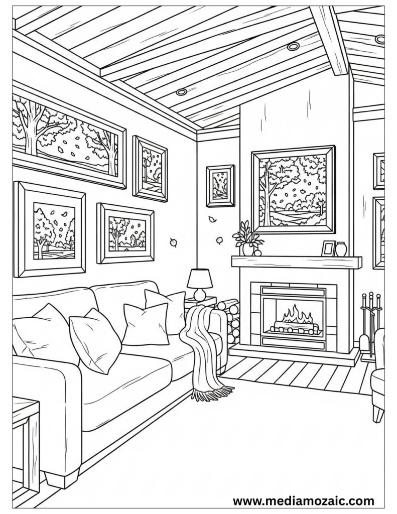 Free Printable Cozy Coloring Pages for Kids and Adults 8 cozy fireplace coloring image, living room with couch and fireplace, free printable coloring page, cozy living room colorin page, house coloring page, free printable coloring image with autumn scenes on the wall, fireplace coloring page,