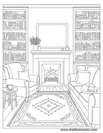 Free Printable Cozy Coloring Pages for Kids and Adults 4 cozy fireplace coloring image, living room with couch and fireplace, free printable coloring page, cozy living room colorin page, house coloring page, free printable coloring image
