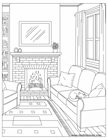 Free Printable Cozy Coloring Pages for Kids and Adults 3 cozy living room coloring scene 1