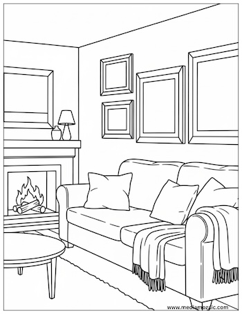 Free Printable Cozy Coloring Pages for Kids and Adults 5 cozy fireplace coloring image, living room with couch and fireplace, free printable coloring page, cozy living room colorin page, house coloring page, free printable coloring image