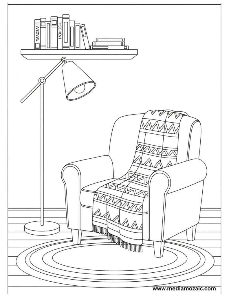 Free Printable Cozy Coloring Pages for Kids and Adults 6 cozy couch coloring image , free printable coloring page for winter, autumn, couch with throw blanket coloring image, cozy coloring pages