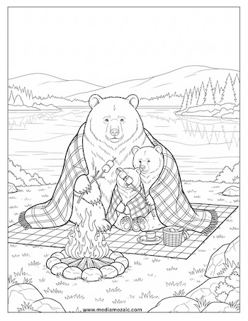 Free Printable Cozy Coloring Pages for Kids and Adults 16 cozy autumn coloring images with animals, bear family sitting with blankets in outdoors, autumn coloring pages, winter coloring sheets