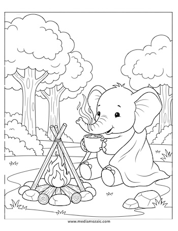 Free Printable Cozy Coloring Pages for Kids and Adults 15 cozy coloring images with animals, cute elephant sitting by the fire,cozy autumn coloring images with animals