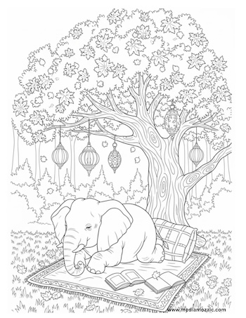 Free Printable Cozy Coloring Pages for Kids and Adults 18 cozy coloring images with animals, cute elephant sitting under a tree,cozy autumn coloring images with animals