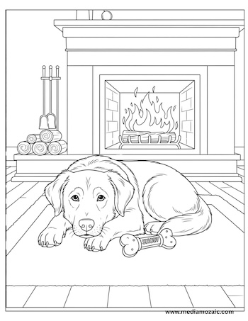 Free Printable Cozy Coloring Pages for Kids and Adults 17 cozy autumn coloring images with animals, dog sitting in the living room by the fireplace,