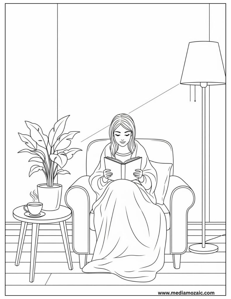 Free Printable Cozy Coloring Pages for Kids and Adults 7 woman reading a book in a cozy living room setting, free printable coloring pages for autumn and winter, cozy winter coloring page, winter coloring pages
