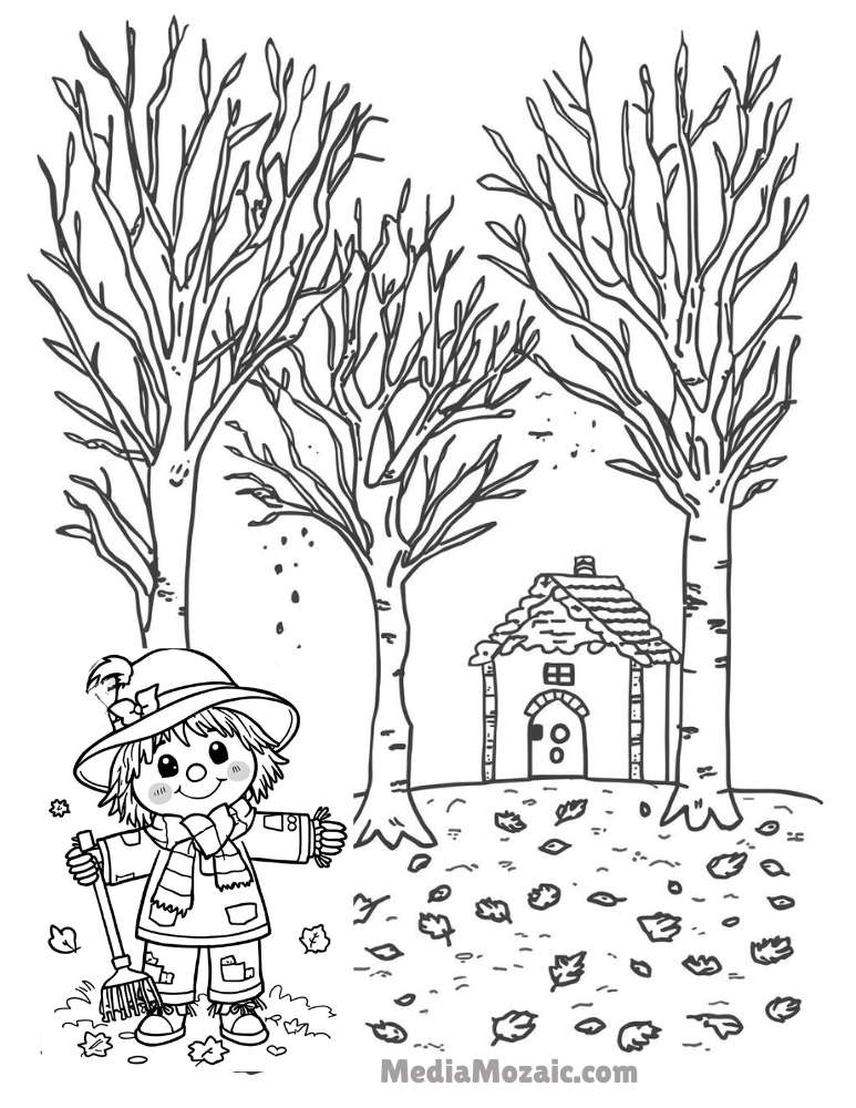 8 Free Printable November Coloring Pages PDF– Cozy Fall & Thanksgiving Designs 4 November scarecrow coloring page with rake, autumn leaves, and cozy forest background