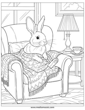 Free Printable Cozy Coloring Pages for Kids and Adults 14 cozy coloring pages features a cute rabbit sitting on the sofa with a blanket, cool rabbit coloring pages, cozy coloring images with animals.
