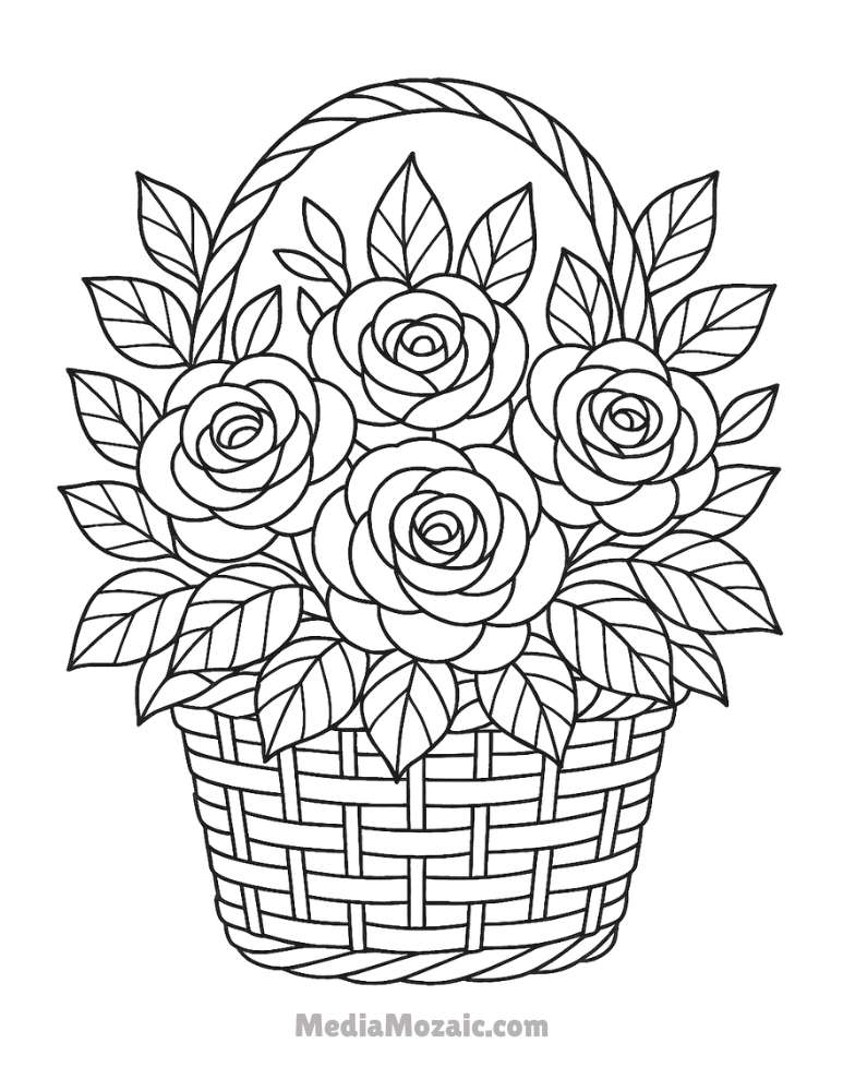 ๐น 15 Printable Rose Coloring Pages for Kids & Adults 8 Easy rose coloring page showing a single rose with two buzzing bees, suitable for beginner coloring.