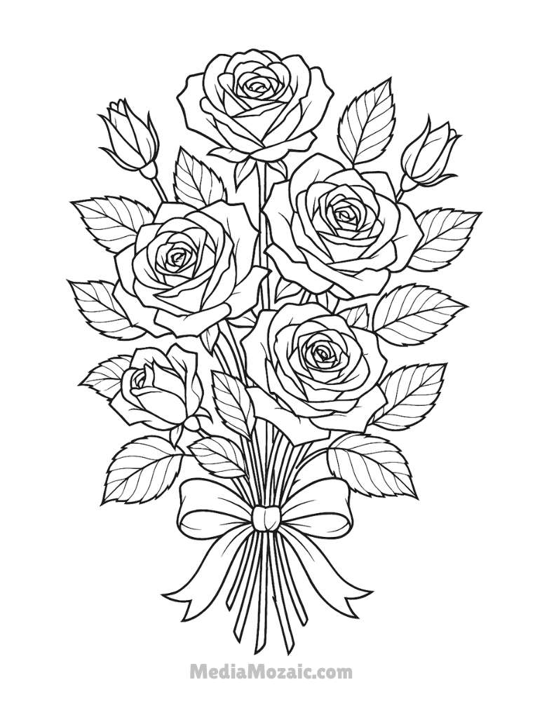 ๐น 15 Printable Rose Coloring Pages for Kids & Adults 2 Printable rose coloring page of a bouquet of five roses tied with a ribbon, ideal for kids and adults.