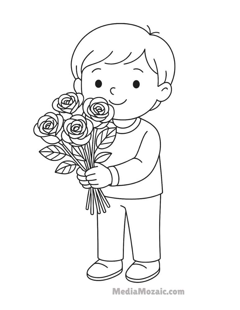 ๐น 15 Printable Rose Coloring Pages for Kids & Adults 14 Wholesome rose coloring page with a smiling boy holding a bouquet of roses.