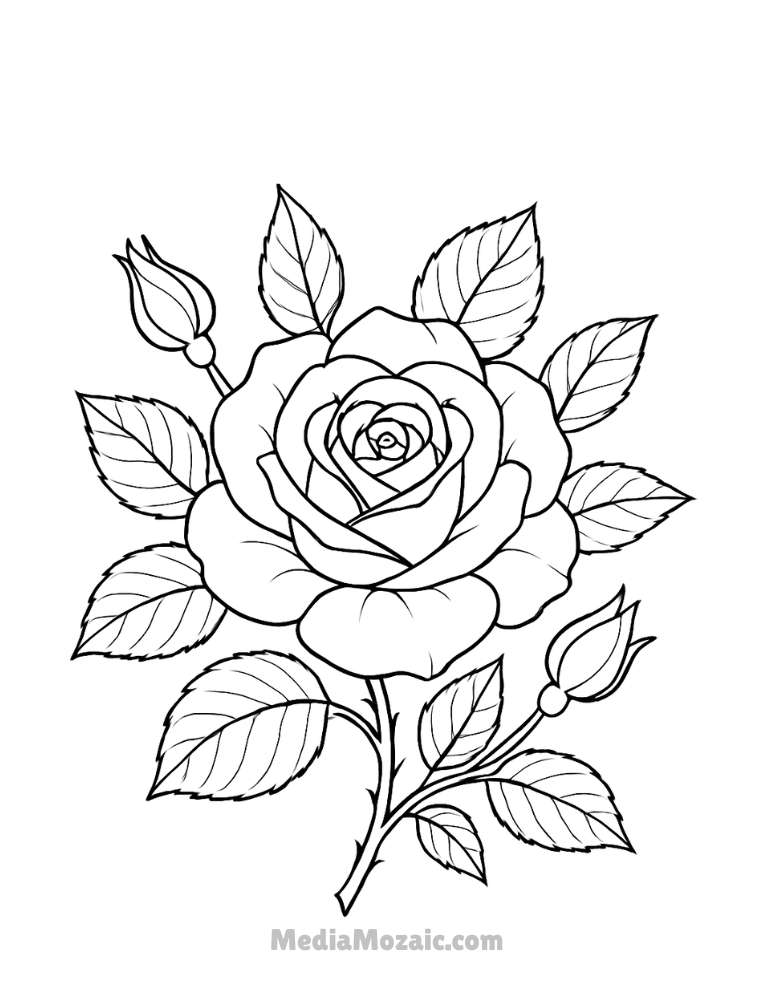 ๐น 15 Printable Rose Coloring Pages for Kids & Adults 1 black and white rose coloring page featuring a single rose in full bloom with detailed leaves and rosebuds.