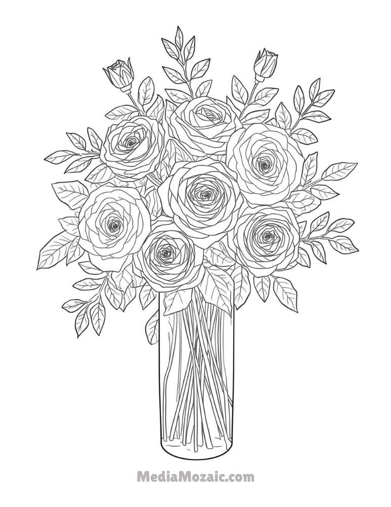 ๐น 15 Printable Rose Coloring Pages for Kids & Adults 13 Highly detailed rose coloring page with a full bouquet of roses arranged in a tall glass vase.