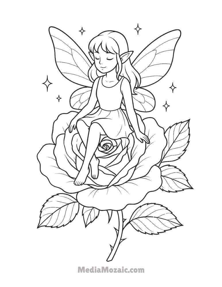๐น 15 Printable Rose Coloring Pages for Kids & Adults 4 Fantasy-themed rose coloring page showing a fairy with wings sitting peacefully on a large rose bloom.