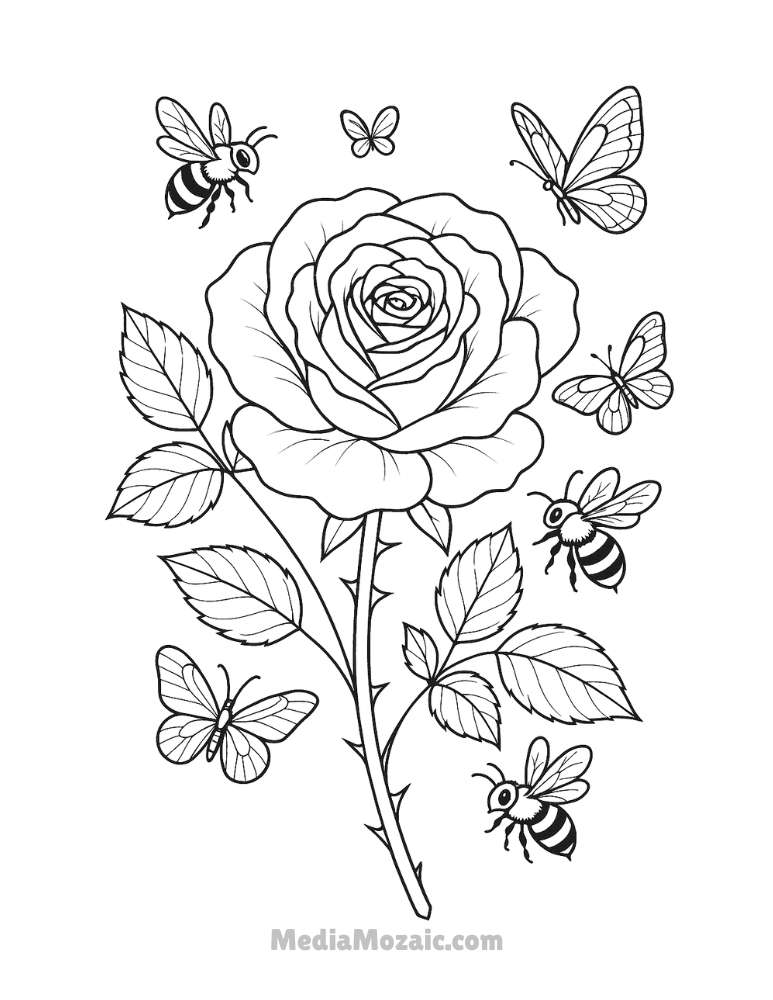 ๐น 15 Printable Rose Coloring Pages for Kids & Adults 3 Fun rose coloring page with a blooming rose surrounded by bees and butterflies, perfect for nature lovers.