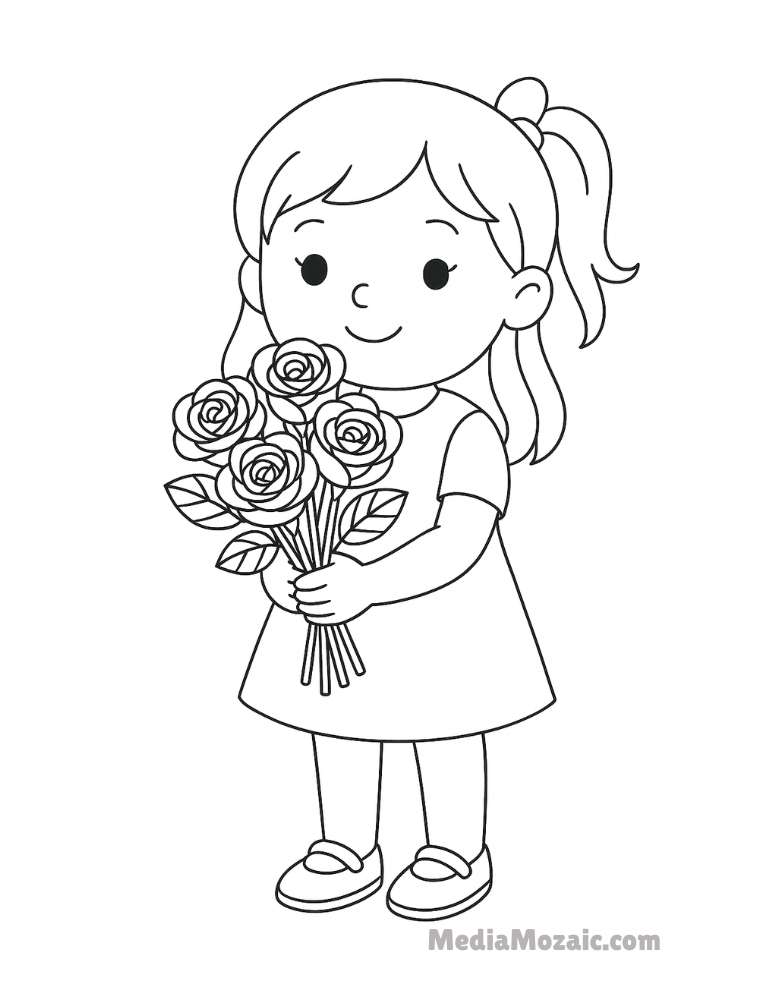 ๐น 15 Printable Rose Coloring Pages for Kids & Adults 15 Printable rose coloring page showing a young girl smiling while holding a bunch of roses.