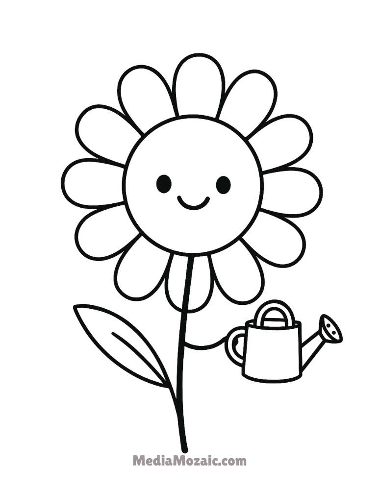 Cute Flower Coloring Pages for Kids – Kawaii Garden Fun! 3 Adorable flower coloring sheet featuring a smiling daisy holding a watering can — fun gardening theme,cute flower coloring pages, kawaii cute flower drawing, preschool flower coloring pages, easy cute flower coloring pages, cute flower cute flower coloring pages, easy simple plant coloring ins with faces, smiley face flower coloring page, bee smiling, kids easy cute flower coloring pages, cute flower coloring pages for kids