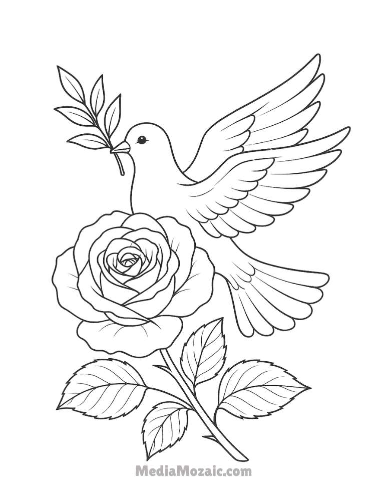 ๐น 15 Printable Rose Coloring Pages for Kids & Adults 5 Peaceful rose coloring page with a dove carrying an olive branch above a blooming rose.
