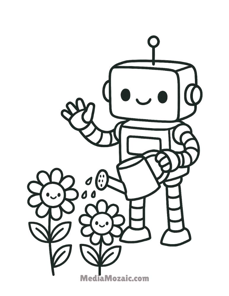 Cute Flower Coloring Pages for Kids – Kawaii Garden Fun! 10 Robot coloring page with smiling robot watering cute flowers — tech and nature combined,cute flower coloring pages, kawaii cute flower drawing, preschool flower coloring pages, easy cute flower coloring pages, cute flower cute flower coloring pages, easy simple plant coloring ins with faces, smiley face flower coloring page, bee smiling, kids easy cute flower coloring pages, cute flower coloring pages for kids