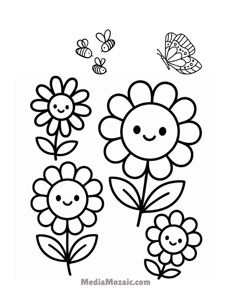 Cute Flower Coloring Pages for Kids – Kawaii Garden Fun! 1 Cute flower coloring page with smiling daisies, bees, and a butterfly — kawaii garden design for kids,cute flower coloring pages, kawaii cute flower drawing, preschool flower coloring pages, easy cute flower coloring pages, cute flower cute flower coloring pages, easy simple plant coloring ins with faces, smiley face flower coloring page, bee smiling, kids easy cute flower coloring pages, cute flower coloring pages for kids