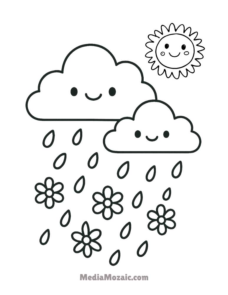 Cute Flower Coloring Pages for Kids – Kawaii Garden Fun! 11 Rain and flower coloring page with happy clouds raining flowers and a smiling sun — cute weather theme,cute flower coloring pages, kawaii cute flower drawing, preschool flower coloring pages, easy cute flower coloring pages, cute flower cute flower coloring pages, easy simple plant coloring ins with faces, smiley face flower coloring page, bee smiling, kids easy cute flower coloring pages, cute flower coloring pages for kids