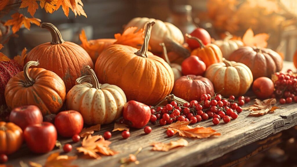 17 Stunning Thanksgiving Desktop Backgrounds in HD for a Cozy Fall Screen 14 Thanksgiving still life with pumpkins, apples, cranberries, and autumn leaves on a wooden table