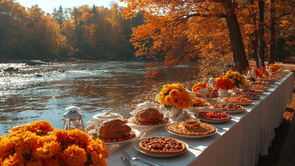 17 Stunning Thanksgiving Desktop Backgrounds in HD for a Cozy Fall Screen 13 Riverside outdoor table decorated with turkey, pies, and autumn flowers for Thanksgiving,Thanksgiving Day Background, Thanksgiving Day Background wallpaper, festive turkey illustration background, Thanksgiving Day Background autumn leaves, Thanksgiving Day Background pumpkins, cornucopia wheat pinecones wallpaper, cozy Thanksgiving Day Background design, warm orange gold brown red theme, seasonal Thanksgiving Day Background art, soft lighting subtle textures background, cheerful inviting holiday backdrop, digital Thanksgiving Day Background scene, autumn harvest Thanksgiving wallpaper, Thanksgiving Day Background for desktop, Thanksgiving Day Background HD, fall season holiday background, rustic Thanksgiving Day Background image, Thanksgiving Day Background aesthetic, Thanksgiving Day Background nature theme, Thanksgiving Day Background celebration design, Thanksgiving Day background 2025, HD Thanksgiving Day background